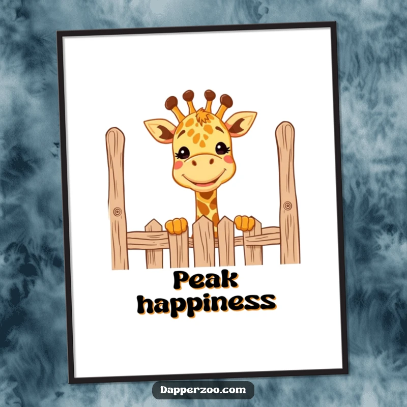 Funny giraffe digital art print with a wide grin, comically peeking over a tall fence, charming design.