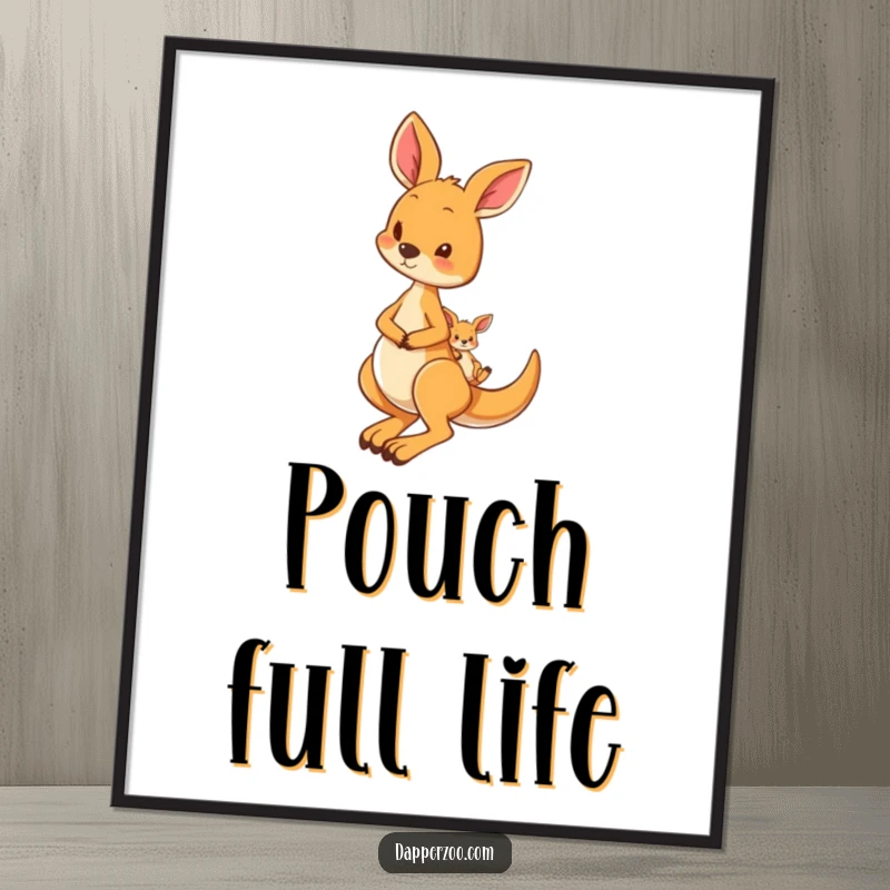 Funny digital art print of a curious kangaroo hopping with a tiny joey in its pouch, radiating love and charm.