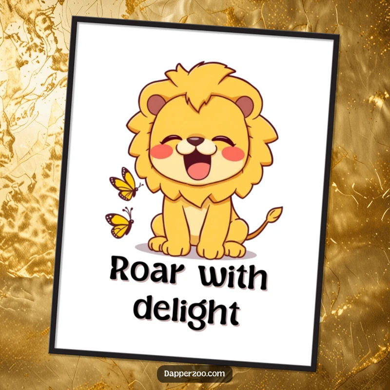 Funny kawaii lion digital art print of a cute lion roaring playfully at a tiny butterfly, offering instant humorous decor.