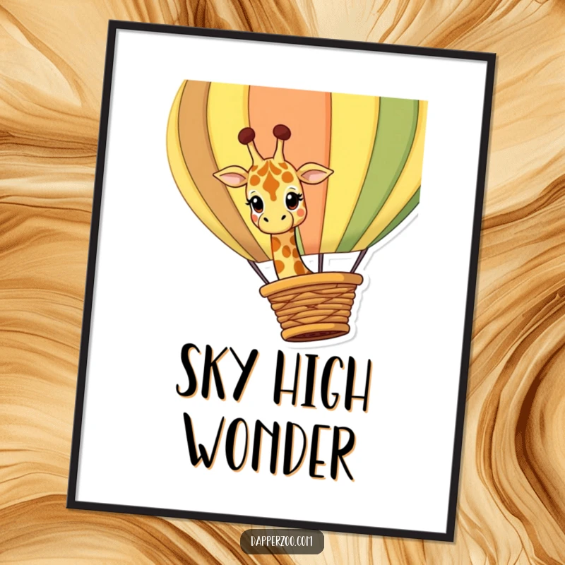 Funny giraffe digital art print of a curious giraffe character peeking over a giant, colorful hot air balloon basket with intrigue.