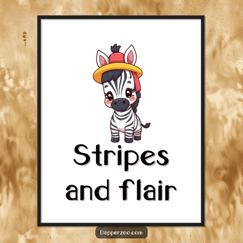 Funny digital art print of a proud zebra comically trying on a brightly colored hat, radiating bold style and humor.