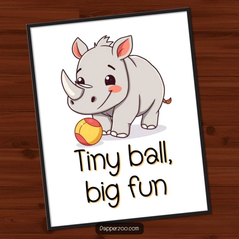 Funny rhinoceros calf digital art print showcasing a happy calf playfully nudging a small, colorful ball.