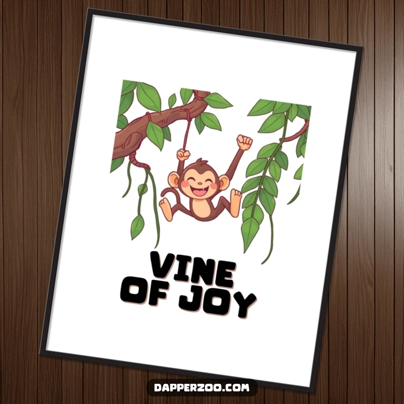 Funny monkey digital art print of a happy monkey character grinning widely while swinging from a long jungle vine.