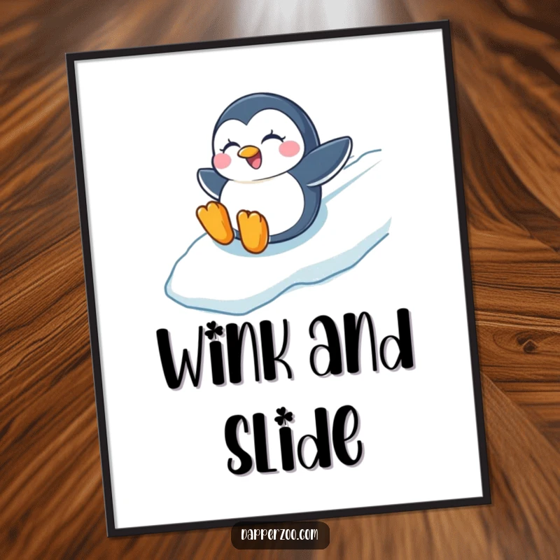 Funny digital art print of a winking penguin sliding with great joy down an icy slope, perfect for winter lovers.