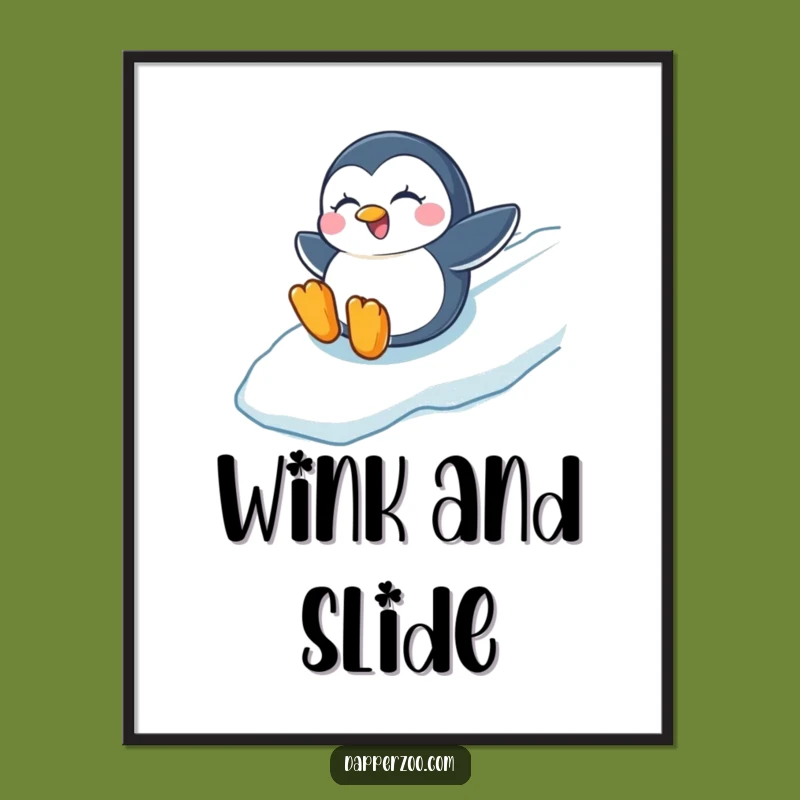 Funny Penguin Sliding Digital Art, Instant Wintry Cheer & Humorous Decor