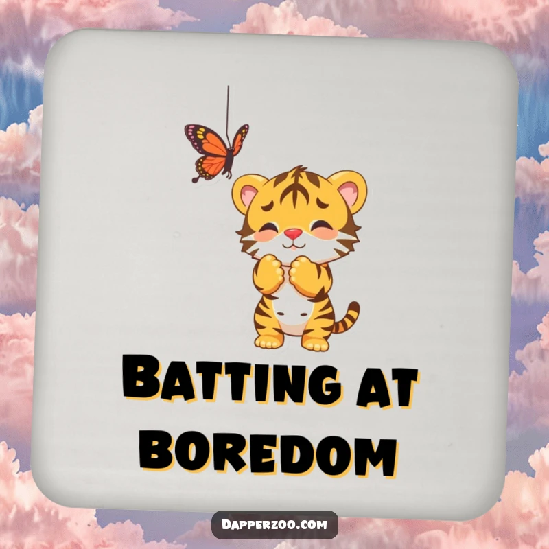 Funny drink coaster featuring a playful tiger cub batting at a dangling butterfly, adding a touch of wild charm.