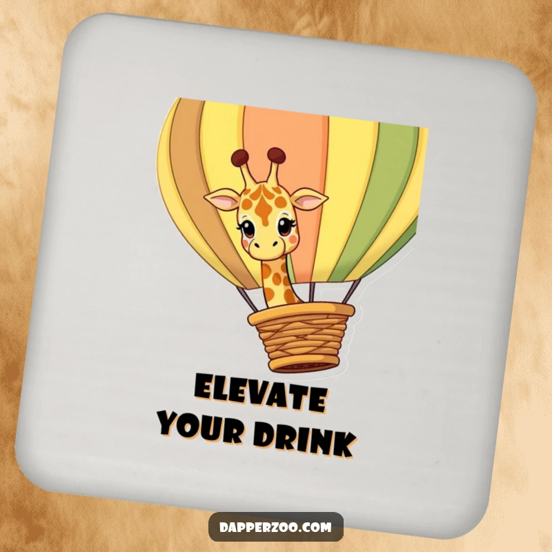 Funny giraffe coasters featuring a curious giraffe character peeking over a giant, colorful hot air balloon basket, protecting tables with humor.