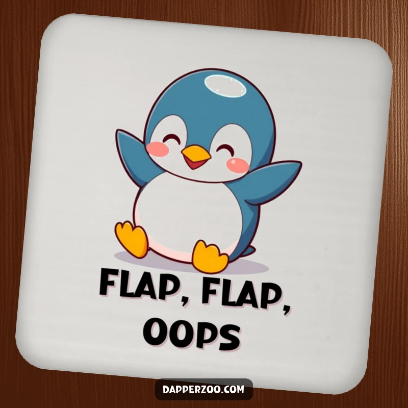 Funny penguin coaster with tiny wings comically flapping, attempting flight with a silly expression, protects surfaces with humor.