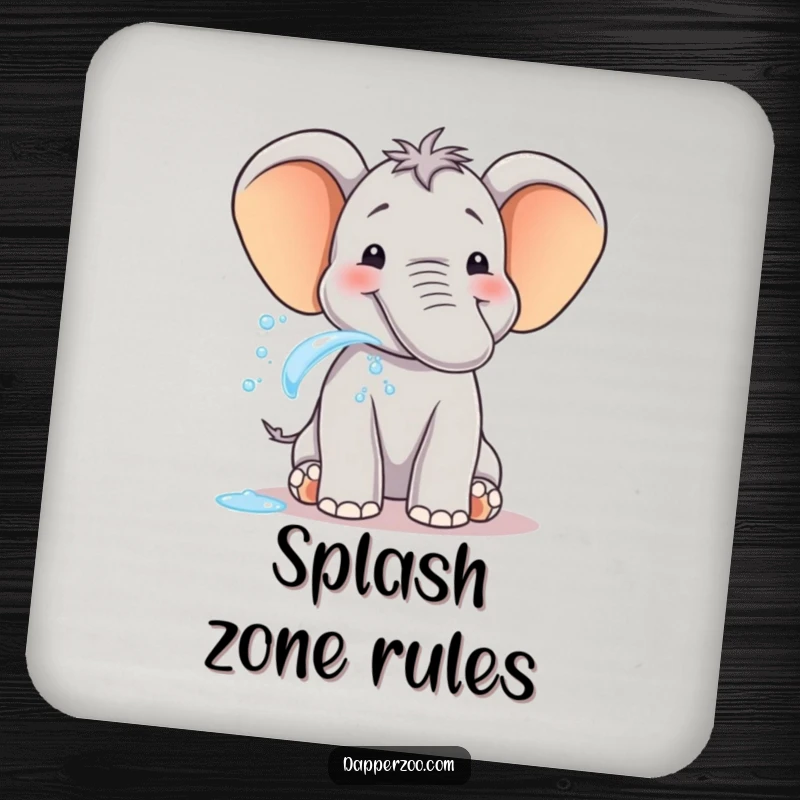 Funny elephant coaster with a smiling animal spraying water from trunk with delight, protects surfaces with joy.