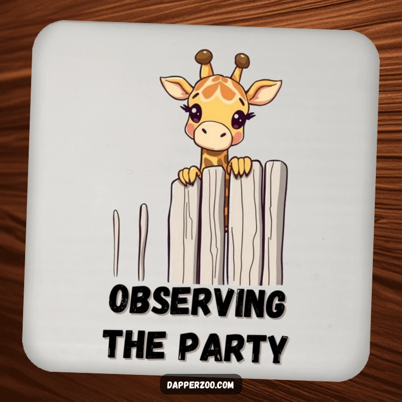A curious giraffe peeks over a tall, thin fence on this funny drink coaster, adding intrigue to drinks.