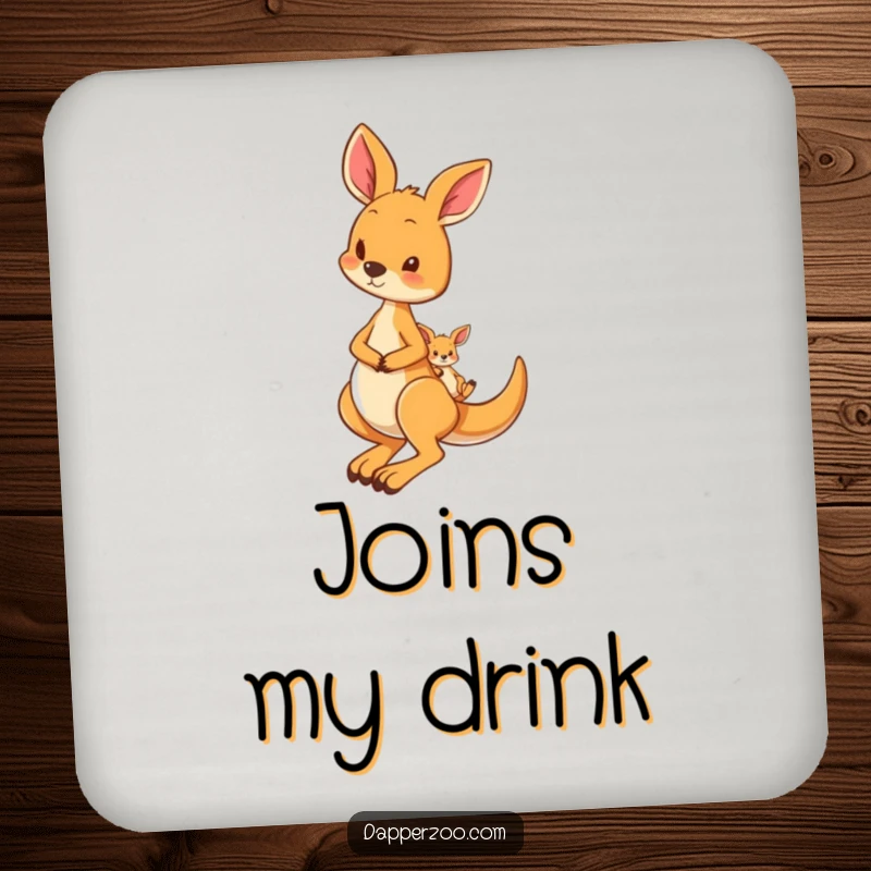 Funny drink coaster featuring a curious kangaroo hopping with a tiny joey in its pouch, adding a touch of sweetness.