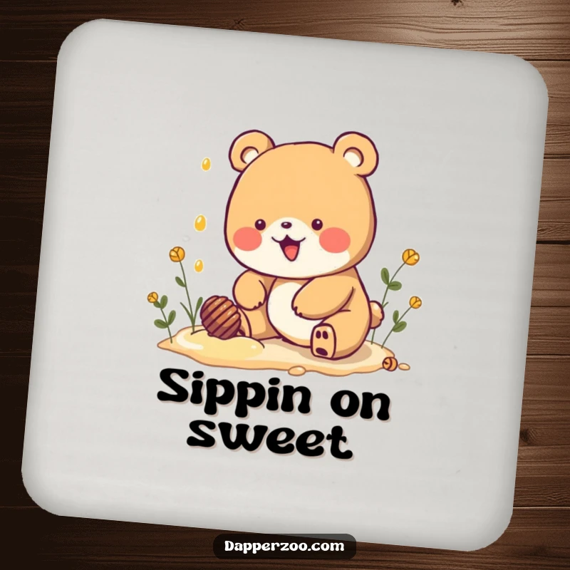 Funny Kawaii bear character digging for honey on protective drink coasters, adding a sweet and humorous accent to tables.