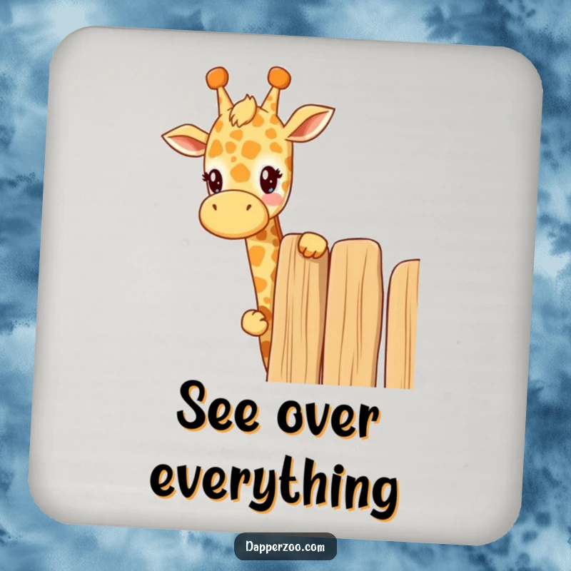 Funny kawaii giraffe drink coasters showing a cute giraffe curiously peeking over a tall fence, protecting surfaces with humor.