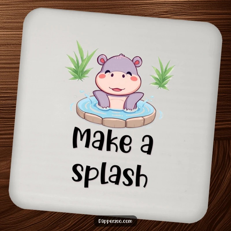Funny Kawaii hippo character happily splashing water on protective drink coasters, adding a joyful and humorous accent to tables.