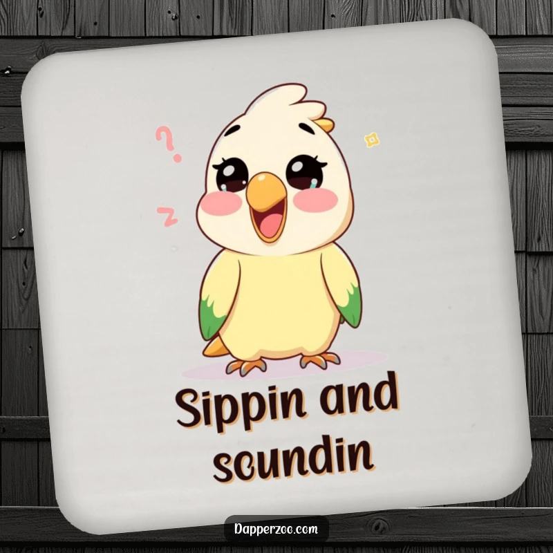 Funny Kawaii parrot character mimicking a sound on protective drink coasters, adding a vocal and humorous accent to tables.