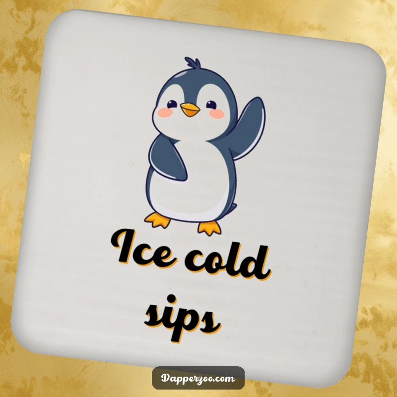 Funny kawaii penguin drink coasters showing a cute penguin comically waddling with flippers in the air, protecting surfaces with humor.