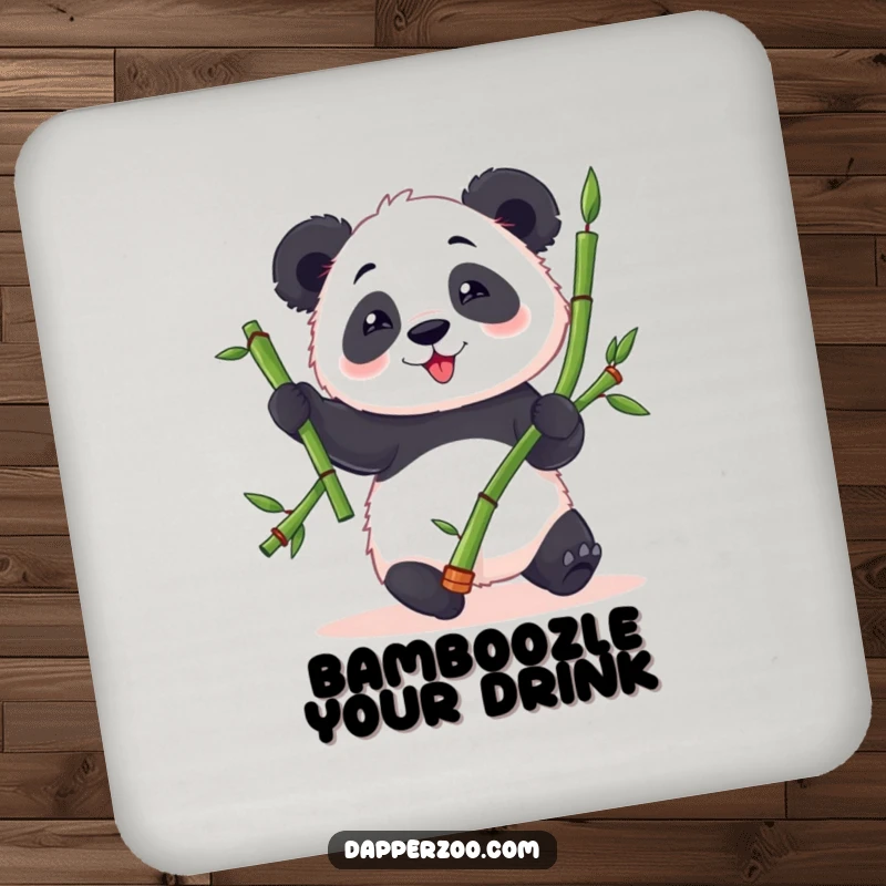 Funny panda coasters featuring a fluffy panda character trying to juggle bamboo stalks with clumsy delight, protecting tables with humor.