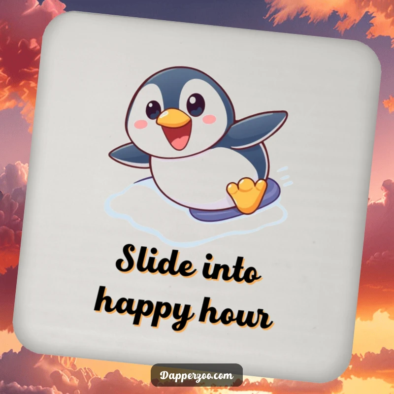 Funny penguin coasters featuring a cute penguin character with wide eyes, hilariously sliding belly-first down an icy slope for protection.