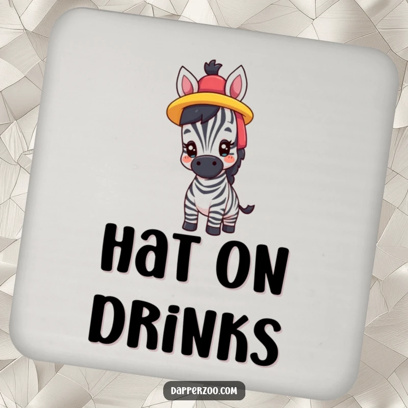 Funny drink coaster featuring a proud zebra comically trying on a brightly colored hat, adding a touch of quirky flair.