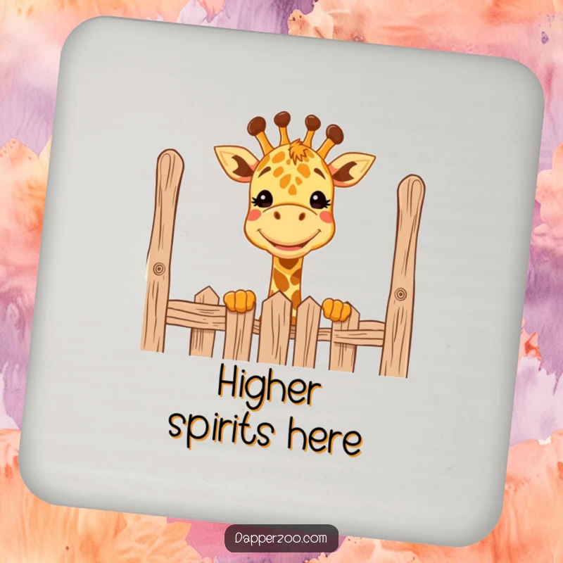 Funny giraffe coaster with a wide grin, comically peeking over a tall fence, protects surfaces with humor.