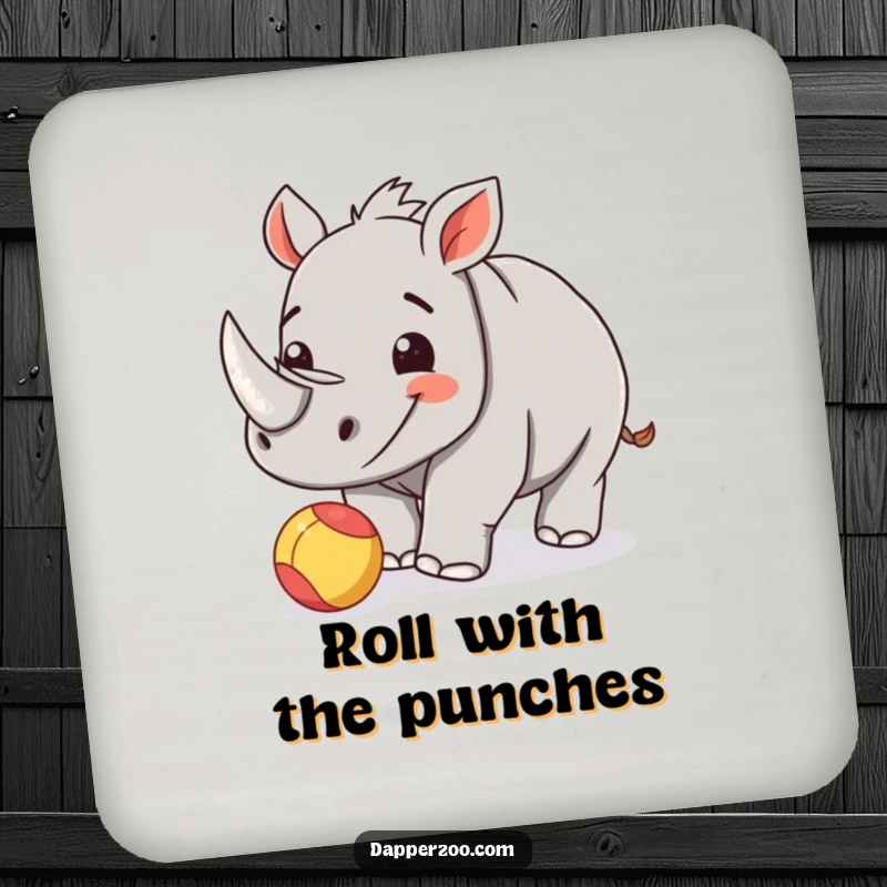Funny rhinoceros calf coaster featuring a happy calf playfully nudging a small, brightly colored ball.
