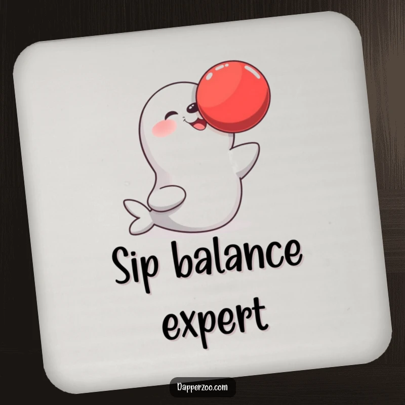 Funny drink coaster featuring a happy seal balancing a large red ball on its nose, a playful and practical accessory.