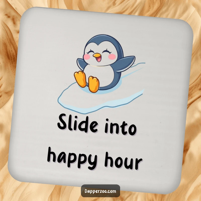 Funny drink coaster featuring a winking penguin sliding down an icy slope, adding a splash of wintery fun.