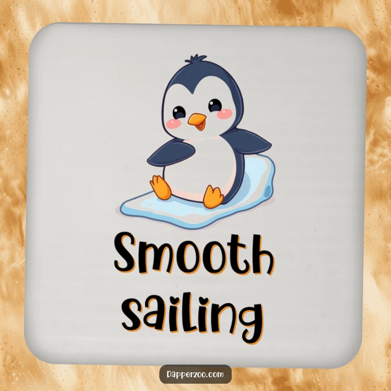 A playful penguin slides down an ice slide on its belly on this funny drink coaster, adding humor to drinks.