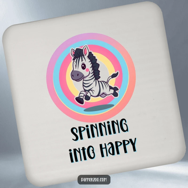 Funny coaster featuring an excited zebra galloping in a vibrant rainbow circle, a cheerful accessory.