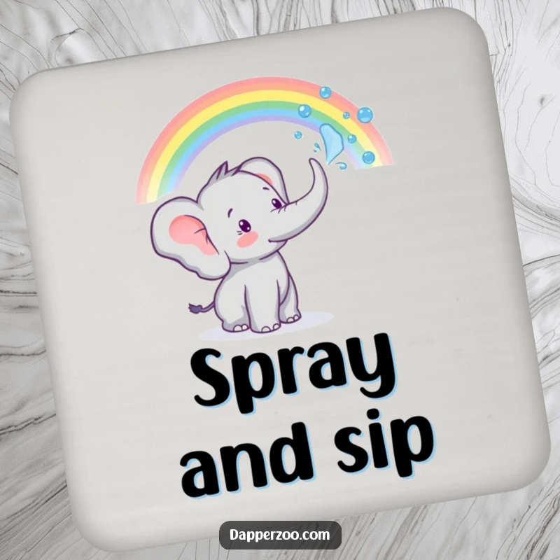 A tiny elephant sprays water from its trunk to create a rainbow on this funny drink coaster, adding magic.
