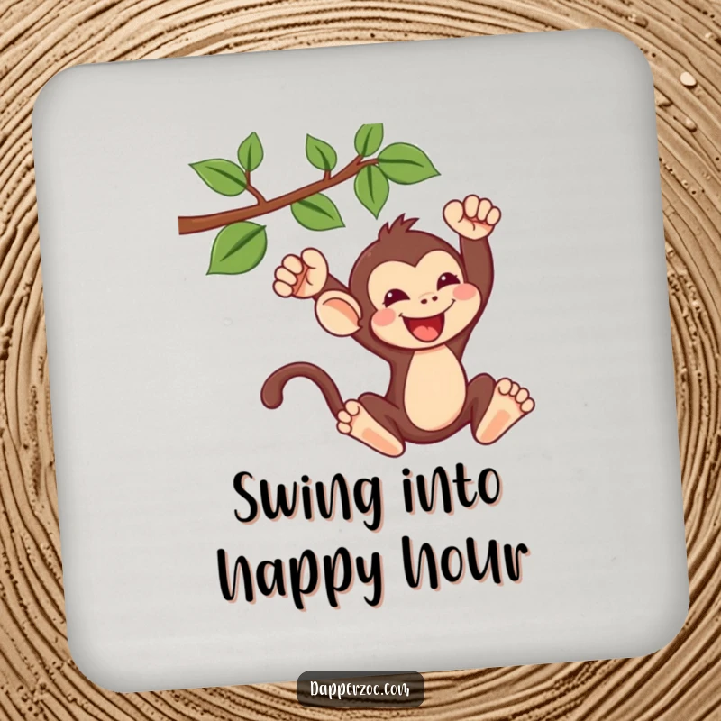Funny kawaii monkey drink coasters showing a cute monkey gleefully swinging from a vine, protecting surfaces with humor.