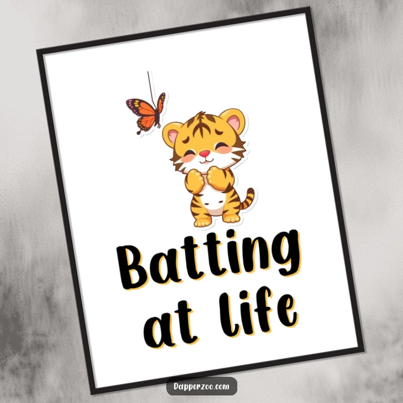 Funny poster showcasing a playful tiger cub batting at a colorful dangling butterfly, a delightful scene of innocent fun.
