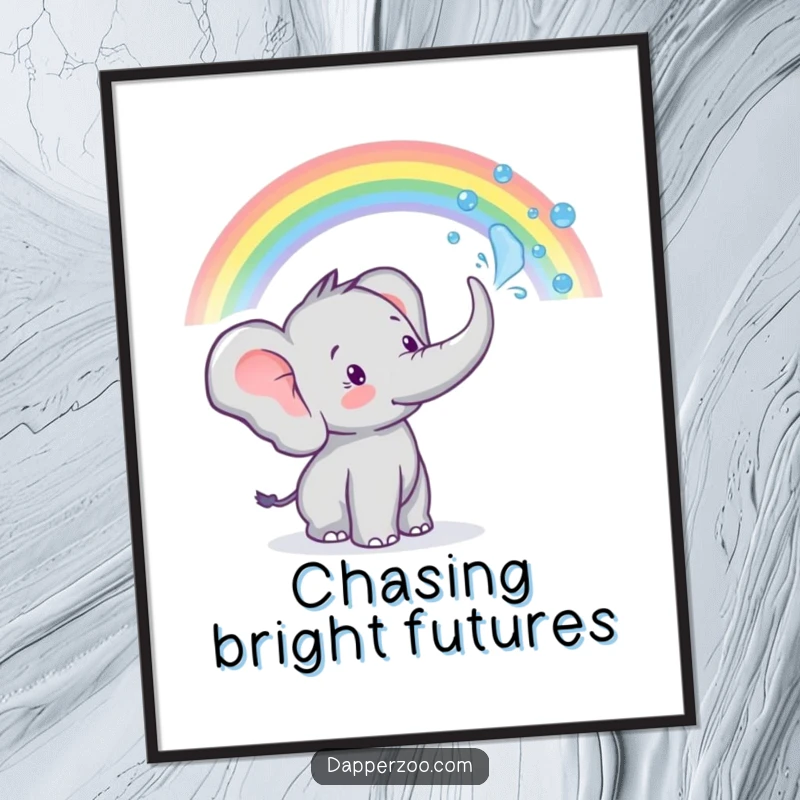 Funny tiny elephant character spraying water from its trunk to create a rainbow, displayed on this magical poster.