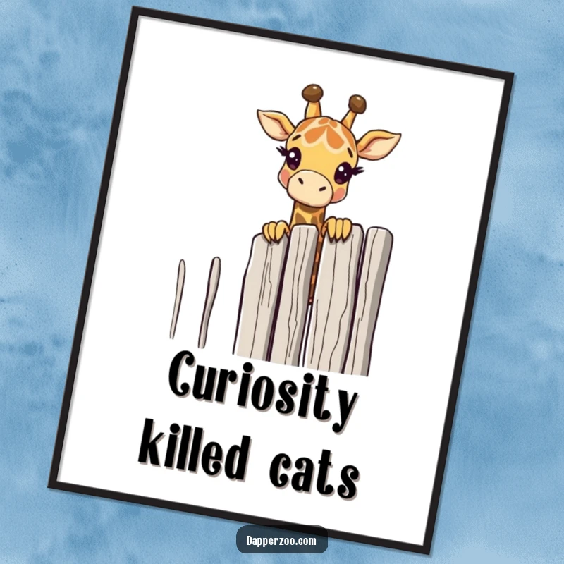 Funny giraffe character curiously peeking over a tall, comically thin fence, displayed on this intriguing poster.