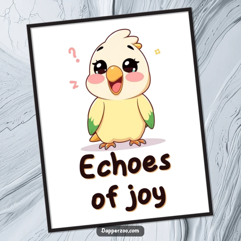 Funny Kawaii parrot character’s gleeful mimicry action depicted on a poster, creating a whimsical and humorous wall decoration.