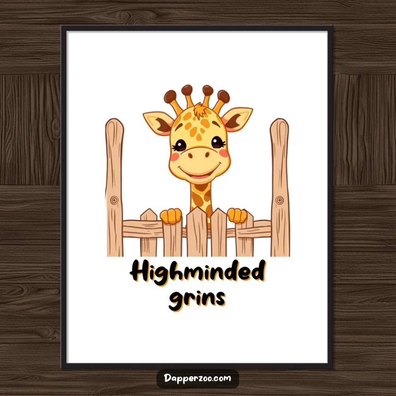 Funny giraffe poster depicting a grinning creature comically peeking over a tall fence, cheerful wall art.