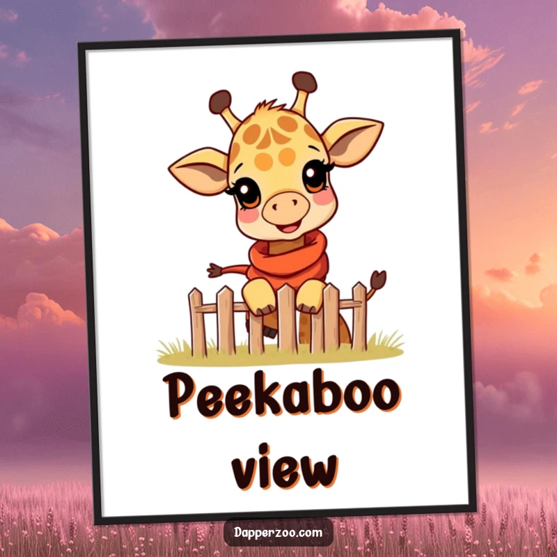 Funny poster with a happy giraffe calf in a tiny scarf, playfully peeking over a miniature fence, adding charm.