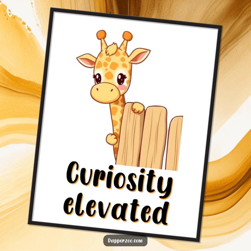 Funny kawaii giraffe poster of a cute giraffe curiously peeking over a tall fence, perfect for humorous and curious wall decor.