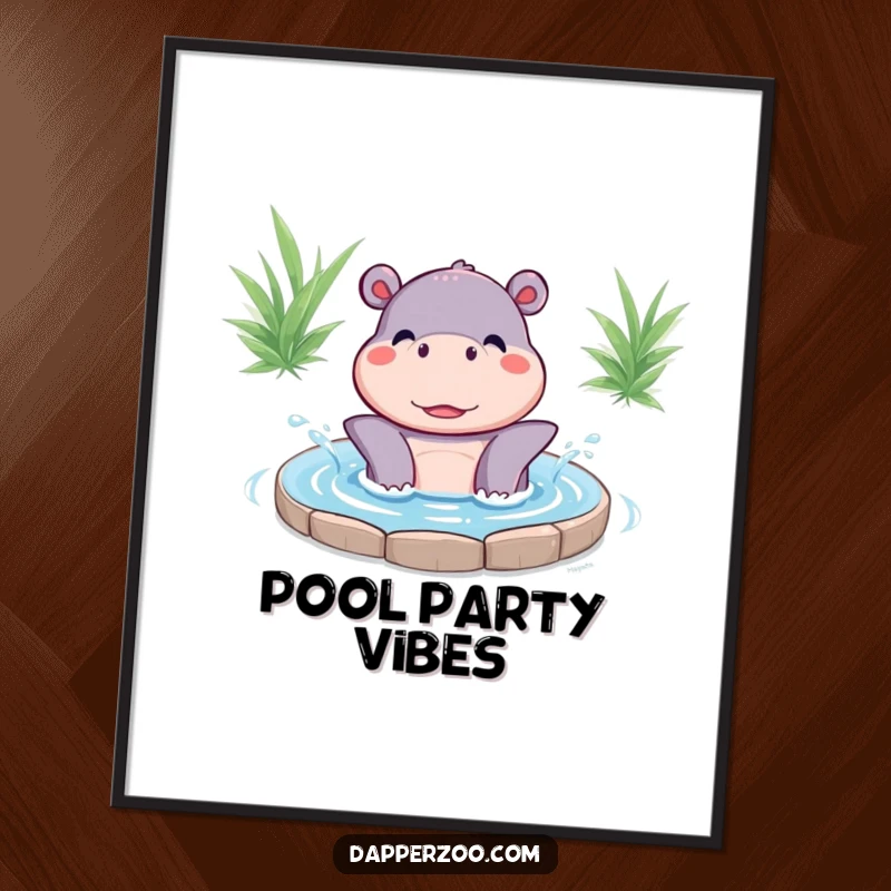 Funny Kawaii hippo character’s happy splashing action depicted on a poster, creating a whimsical and joyful wall decoration.