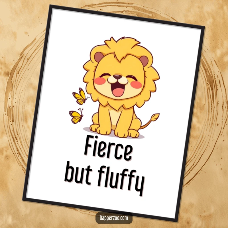 Funny kawaii lion poster depicting a cute lion roaring playfully at a tiny butterfly, ideal for humorous and adorable wall art.