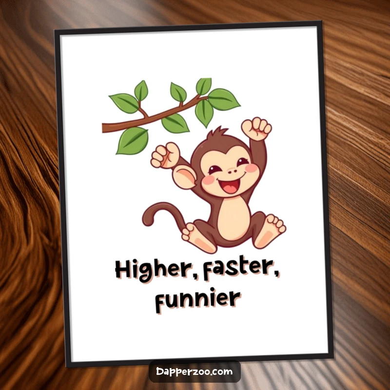 Funny kawaii monkey poster of a cute monkey gleefully swinging from a vine, perfect for playful and humorous wall decor.