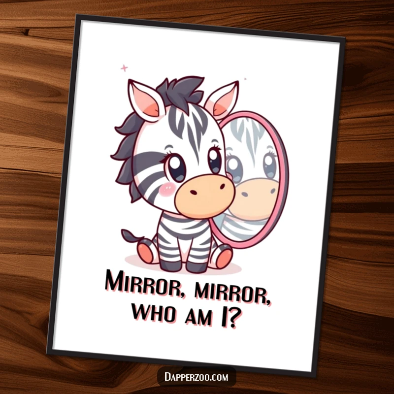 Funny Kawaii zebra character’s shocked face staring into a mirror on a poster, creating a humorous and captivating wall decoration.