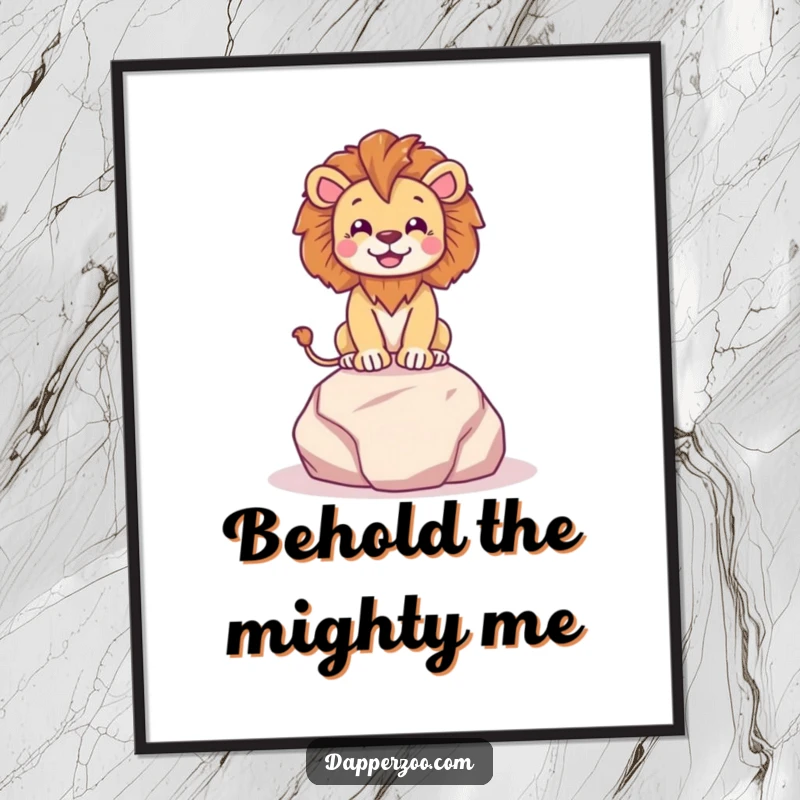 Funny happy lion character dramatically posing on a tiny plush rock with regal flair, depicted as funny wall art.