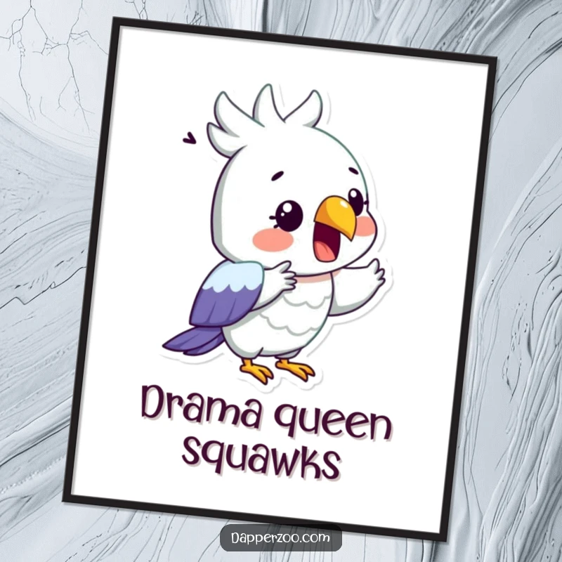 Funny poster of a surprised parrot dramatically reciting with its beak wide open, perfect for wall decor.