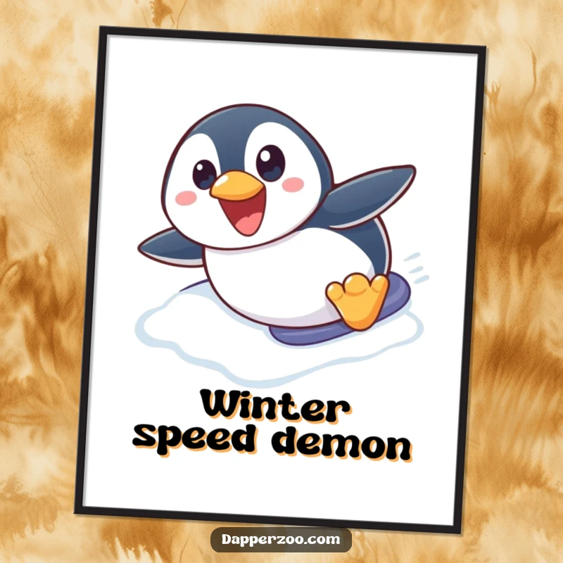 Funny penguin poster illustrating a cute penguin character with wide eyes joyfully sliding down an icy slope on its belly.