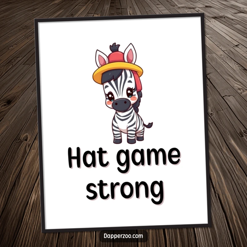 Funny poster showcasing a proud zebra comically trying on a ridiculously colorful hat, a statement of bold fashion.