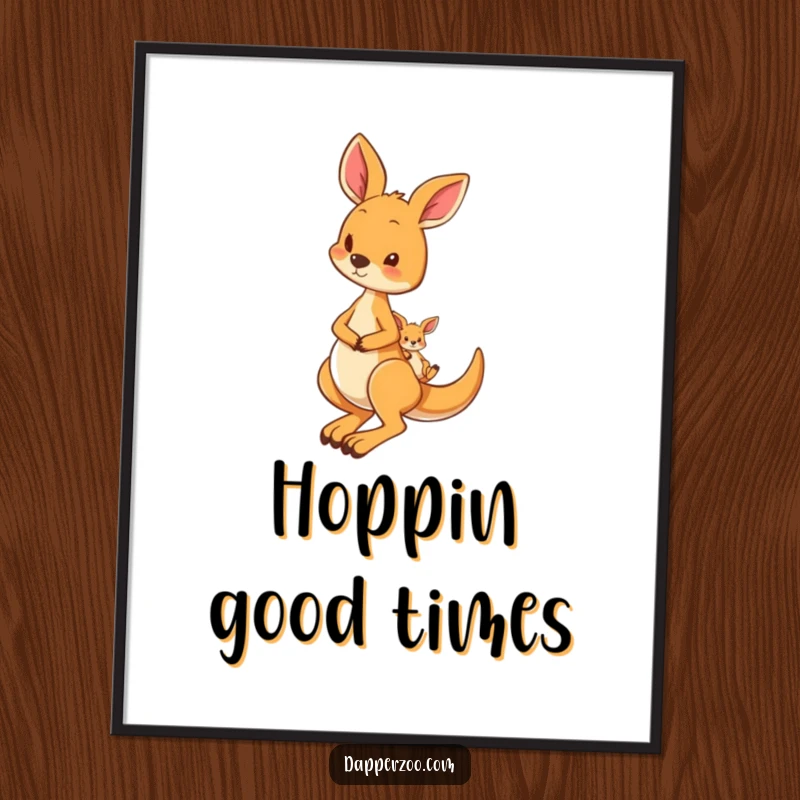Funny poster of a curious kangaroo hopping along, its pouch carrying a precious tiny joey, a perfect symbol of love.