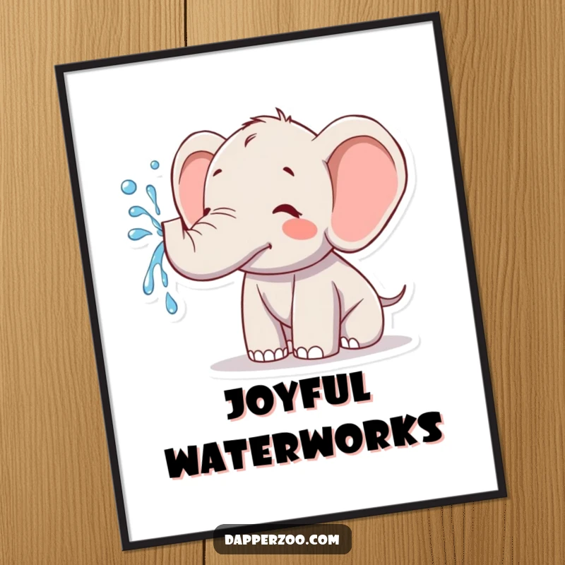 Funny kawaii elephant poster of a cute elephant joyfully spraying water from its trunk, perfect for cheerful and humorous wall decor.