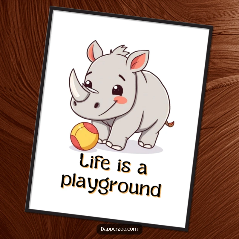 Funny rhinoceros calf poster depicting a happy calf playfully nudging a tiny, brightly colored ball.