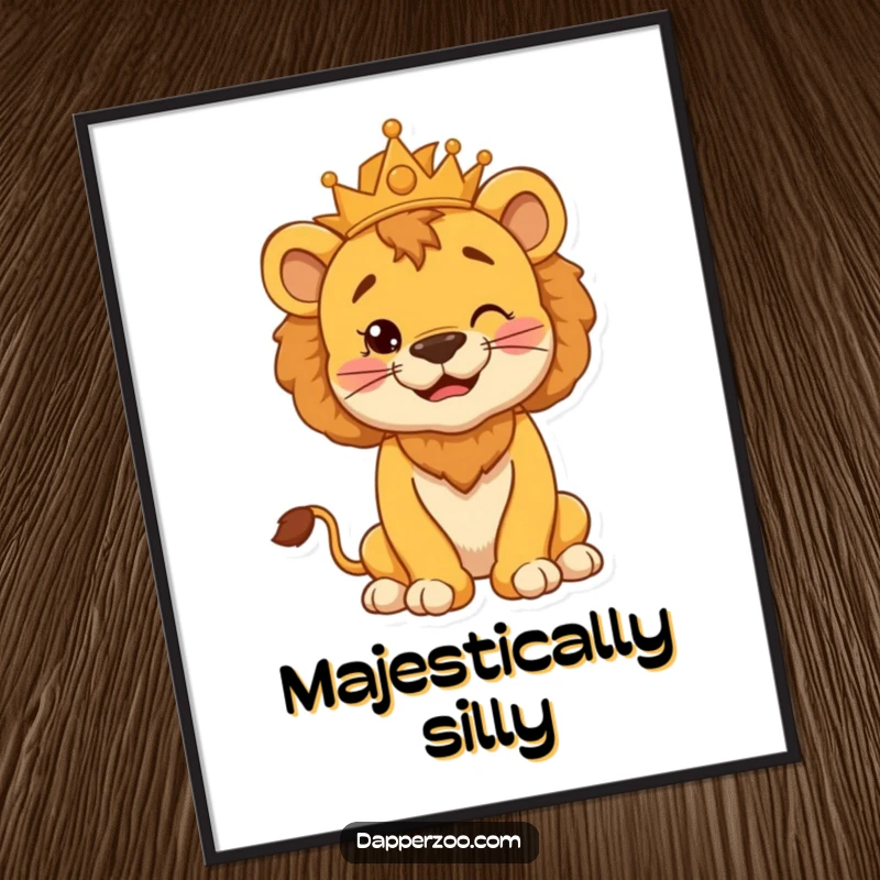 Funny poster displaying a cheerful lion cub, puffed chest, and a silly, regal kingly pose, perfect for wall decor.
